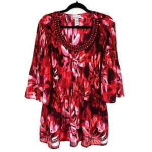 Catherines Women's Floral Bell Sleeves Stretch Blouse Red Black Plus Size 1X